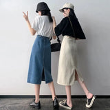 Vintage Slit Denim Skirts Women A Line High Waist Solid Midi Skirt Korean Office Lady Casual All Match Straight Skirts