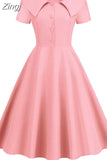 Peter pan Collar Women Dress Summer Single Breasted Elegant Vintage A Line Dress Short Sleeve Midi Party Office