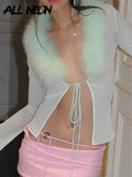 Y2K Retro Sexy Backless Feather Trim Mint Mesh Top Coquette Aesthetics Deep V Bandage Long Sleeve Covers Rave