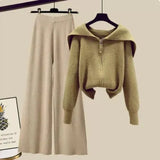 Winter Knit Two Piece Sets Womens Outfits Ladies Casual Sailor Collar Knitted Sweater And Wide Leg Pants Sets Koeran