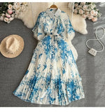 Style Retro Temperament Short-Sleeved Clapping Single-Dran A-Word Print 100-Fold Shirt Dress