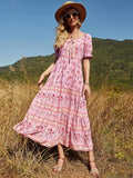 Queens Women Floral Print Beach Bohemian Maxi Dresses Ladies V Neck Front Button Rayon Boho Pleated Sundress