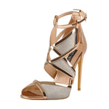 Onlymaker Women's Peep Toe 12 CM Thin High Heels Glitter Cut Out Gold Evening Party Dress Sandals Ankle Strap Open Toe