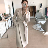 Elegant Turn-down Collar Woolen Coat Autumn Winter Thicken Warm Full Sleeve Belted Female Long Blend