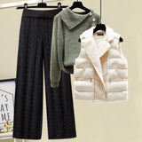 Warm 3 Piece Set Women Pullover Sweater + Wide Leg Pants +Lamb Wool Vest Outfits Knitted Suit Tracksuit Womens
