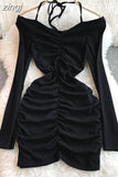 Autumn Black/Red Sexy Halter Draped Sheath Dress Women Elegant V-Neck Long Sleeve Bodycon Party Robe Female New
