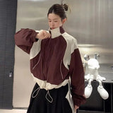 Streetwear Cropped Jacket Women Y2K Harajuku Patchwork Short Bomber Jackets Korean Zip Up Oversize Lightweight