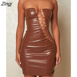 Sexy Strapless PU Leather Women Dress Brown Sleeveless Hollow Out Mini Dress Female Autumn Skinny Fashion Party