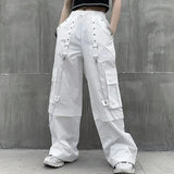 Goth trouser chain white overalls Korean version of INS hip-hop high waist loose slim straight wide leg mopping