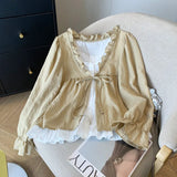 Aesthetic Patchwork Bow Tie Long Sleeve BlouseOutfit