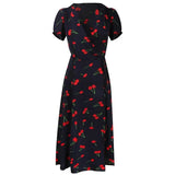 Vintage Dress Women Cherry Print Short Sleeve A Line Midi Dress Vacation Beach Female Elegant V Neck Slim Chiffon