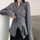 Elegant Irregular Blouses Women Gray Bandage Long Sleeve Shirts Office Lady Korean Streetwear Stand Collar Casual Tops