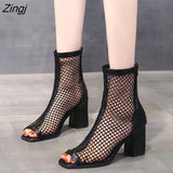 Summer New Fashion Mesh/mesh Fish Mouth Short Tube High Heels Hollow Women's Breathable Riding Boots Thick Heel