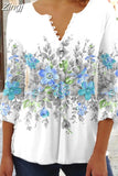 Floral Print Summer Blouse Women Elegant Simple Shirt V Neck Button 3/4 Length Sleeve Casual Holiday Basic Tops