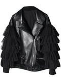 Autumn Short Black Oversized Lace Patchwork Leather Biker Jacket Long Sleeve Loose Womans Clothing Fashionable
