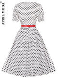 A Line Swing Party Dress With Belt Short Sleeve Polka Dot White Sundress Kawaii Elegant Bandage 50s Rockabilly