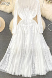 Autumn Women Mesh Patchwork Lace Long Dress Vintage V-Neck A-Line Elegant Party Maxi Robe Purple/White/Green Vestido