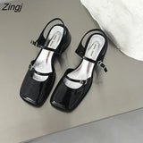 Women's Red Sandals 2023 Summer Square Toe Shoes Women's Buckle Solid Color Newest Wedding Party High Heels