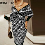 Women Elegant Geo Print Long Sleeve Tied Detail Patchwork Bodycon Dress Working