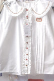 Pan Collar White Shirts Lace Short Sleeve Chemises Femme Summer Bear Embroidery Japanese Sweet Lolita Style Y2k