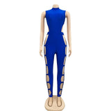 Sexy Solid Blue Hollow Out Long Pants Jumpsuit Women Sleeveless Back Zipper Skinny Romper Clubwear Jumpsuits 2021