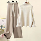 Winter Warm Knitted Suit Women Long Sleeve Half Turtleneck Knitting Sweater And Wide Leg Pants Sets Outer Wear Loose