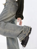 Waist Straight Tube Washed Jeans Women's Vintage Raw Edge Baggy Denim Pants Streetwear American Style Wide Leg