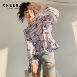 Spring 2022 Fashion Women Vintage Ruffle Long Sleeve Peplum Blouse Floral Top Lantern Sleeve Blue Ladies Top