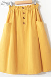 Women Summer Skirt Spring Korean Style Casual Solid High Waist A-Line Midi Skirts With Pocket Girls Elegant