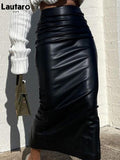 Spring Luxury Elegant Black Soft Stretchy Pu Leather Ruched Bandage Pencil Skirt Women High Waist Office Wear Women