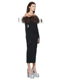Off Shoulder Long Sleeve Feather Bandage Dress Women Black Slash Neck Strapless Bodycon Midi Dress Evening Party Club