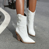 Women Boots Pu Leather Wedge High Heel Ankle Boots Pointed Toe Winter Cowboy Boots Fashion Western Boots Black White