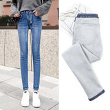 Jeans Pants For Women clothes Winter Blue Light blue Solid Skinny Fleeces Thick Pencil Pants with Velvet Denim