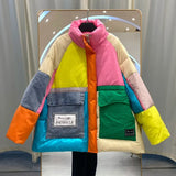 Denim Spliced Down Jacket Women Large Pockets Winter Coat Zipper Patchwork Puffer Jacket High Quality Windproof