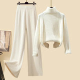 Winter Warm Knitwear Sets For Womens Elegant Turtleneck Sweater+long Knitted Jackets+wide Leg Knitting Pants Sets 2023