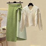 Women Autumn Winter Warm Knitted Two Pieces Sets Korean Long Sleeve Pullover Sweater Top And High Waist Skirts