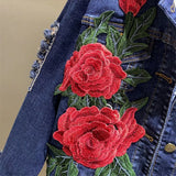 Spring Autumn New Women's Embroidery Red Rose Short Denim Jacket Coat Hole Long Sleeve Skinny Dark Blue Jeans