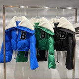 2022 Winter Long Sleeve Lambswool Sailor Collar Short White Duck Down Coat Women Drawstring Jacket