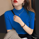 and Summer Half Sleeve Tank Top Knitted Blouse Fashion Women Casual Half-high Collar Clothes Bottoming Tops New