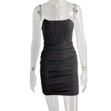 Satin Strapless Ruched Dress For Women Summer Off-shoulder Sleeveless Bodycon Party Clubwear Mini Dresses