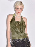 Fashion Wasteland Breeze Niche Retro Bead Decoration Collar Design Back Dark Green Sexy Strip