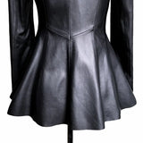 Autumn Black Slim Soft Pu Leather Jacket Women Deep V Neck Long Puff Sleeve Elegant Luxury Skirted Blazer Fashion