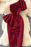 Off Shoulder Party Dress Women Summer Diagonal High Waist Irregular Ruffle Bodycon Vestidos Female Casual Red/Pink Robe