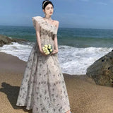 Women's Summer 2023 New French Fashion Elegant Ruffles Inclined Shoulder Print Dress Korean Fashion Pleated Evening Party