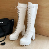 Spring Autumn Lacing Knee High Boots Women Fashion White Square Heel Long Boots Woman Leather Shoes Winter Large Size