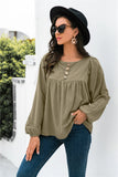 Queens Women Solid Beach Loose Button Bohemian Shirt Ladies Long Lantern Sleeve O-neck Boho Shirts