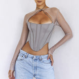 Sexy Hollow Out See Through Crop Top Women Outfits Summer Irregular Long Sleeve T-shirt Female Fashion Cropped