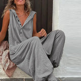 Button Sleeveless Beach Romper Simple Solid Cross-pants Lady Playsuit Women Casual Loose Hooded Jumpsuit Summer