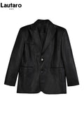 Autumn Black Brown Soft Pu Leather Blazer Women Shoulder Pads Long Sleeve Single Breasted Loose Casual Korean