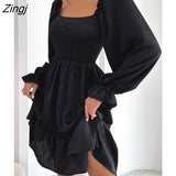 Fashion Women A-line Dresses 2021 Fall New Solid Hedging Square Collar Ruffle Sleev High Waist Folds Backless Midi